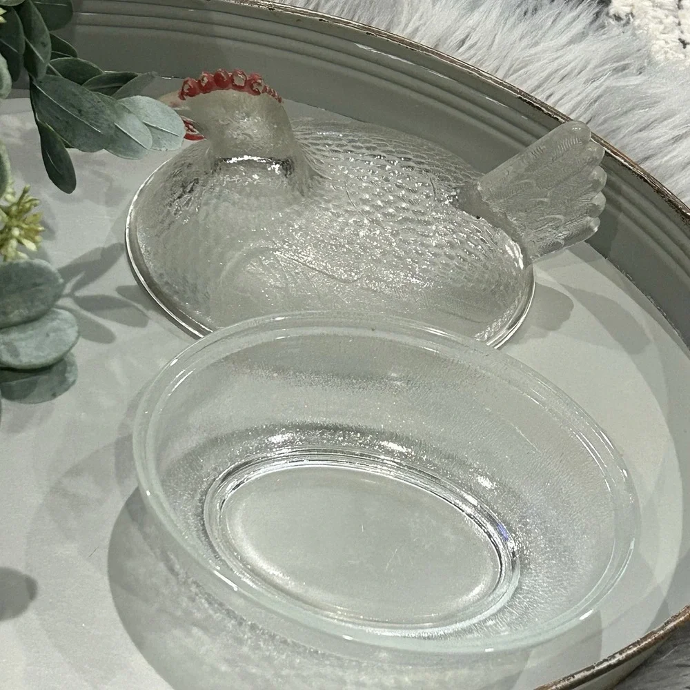 Vintage Clear‎ Hen On A Nest With Red Painted Comb and Wattle - Chicken Decor